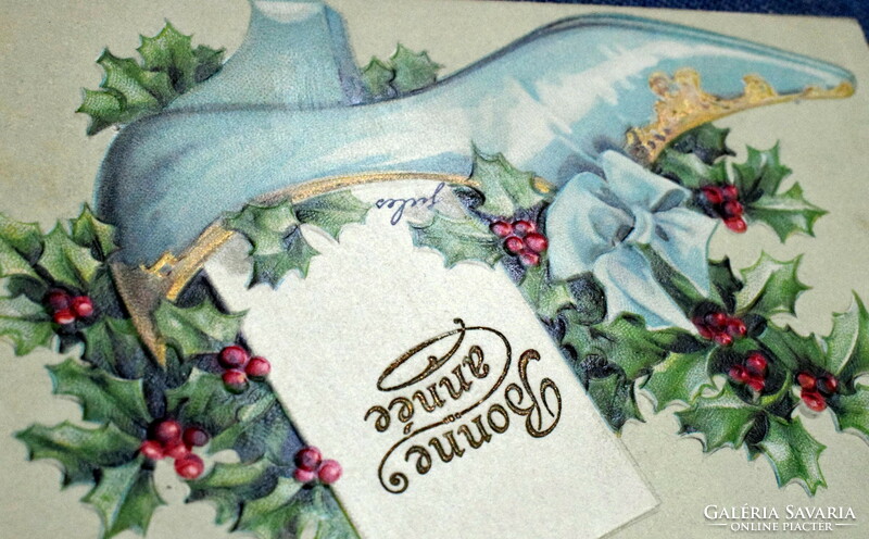 Antik dombornyomott Újévi üdvözlő litho képeslap -  szép cipellőben magyal