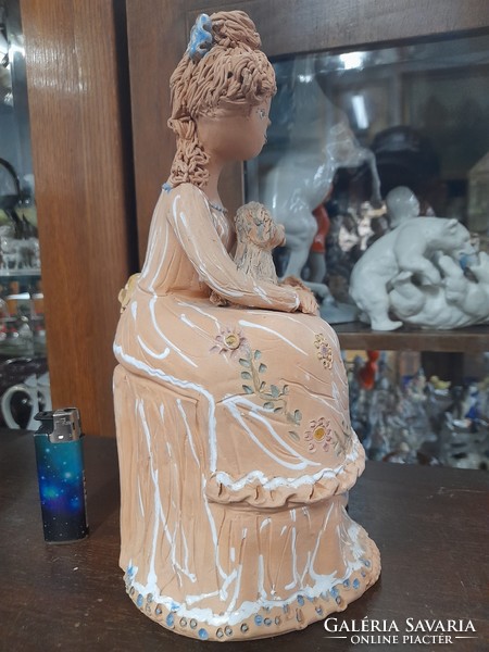Győrbíró enikó mother with dog, ceramic figure with child, statue. 27 Cm.