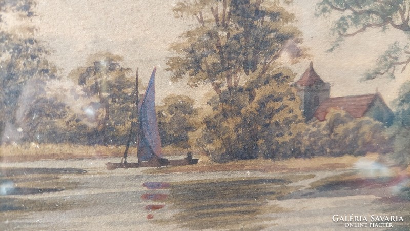 Jelzett, régi akvarell festmény, vízpart csónakos alakkal