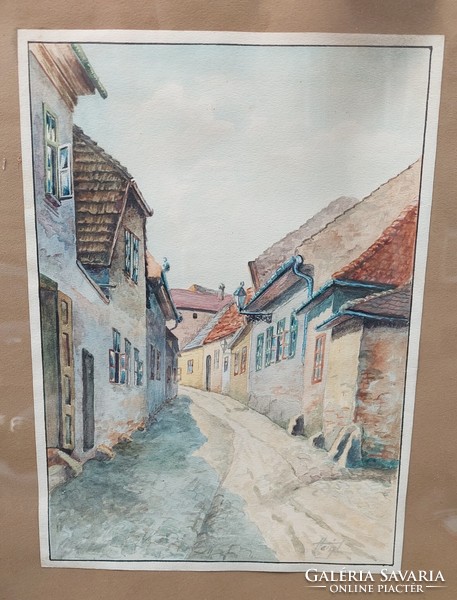 Heigl marked (professional) watercolor painting, Tabán street scene