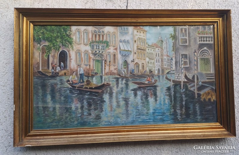 Beautifully painted Venetian painting with gondolas, pastel violinist Gyula's evening