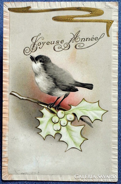 Antique embossed New Year litho postcard - little bird from 1906
