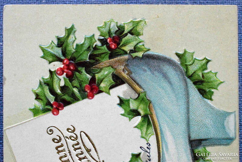 Antik dombornyomott Újévi üdvözlő litho képeslap -  szép cipellőben magyal