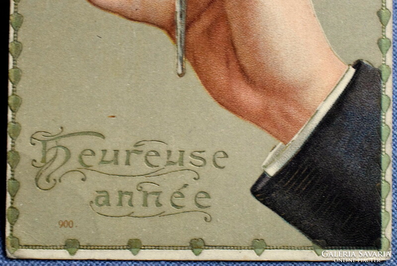 Antik dombornyomott Újévi üdvözlő litho képeslap -  ibolya csokrot tartó kéz  1906ból