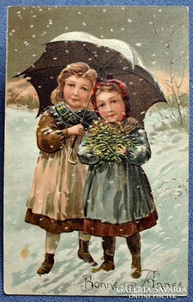 Antique embossed New Year litho postcard - little girls with umbrellas in the snowfall from 1906