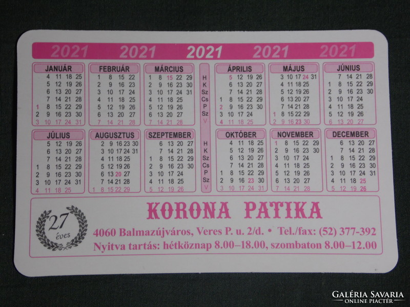 Card calendar, 27-year crown pharmacy, pharmacy, Balmazújváros, 2021 (1)