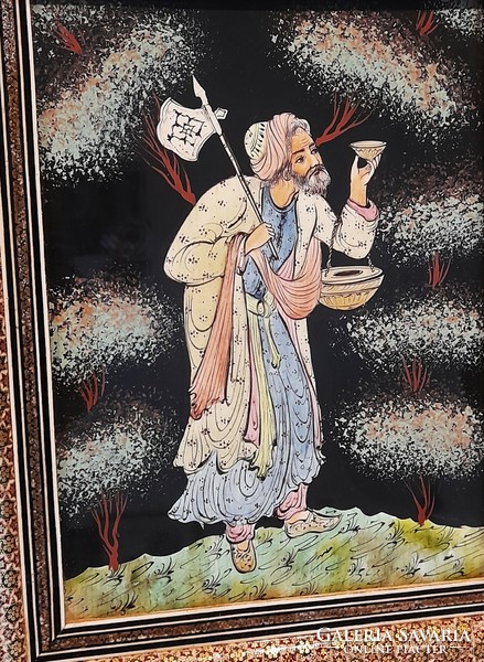 Régi perzsa festmény Khatam mikromozaik intarzia keretében