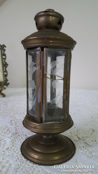 Antique copper candle holder with polished crystal glass