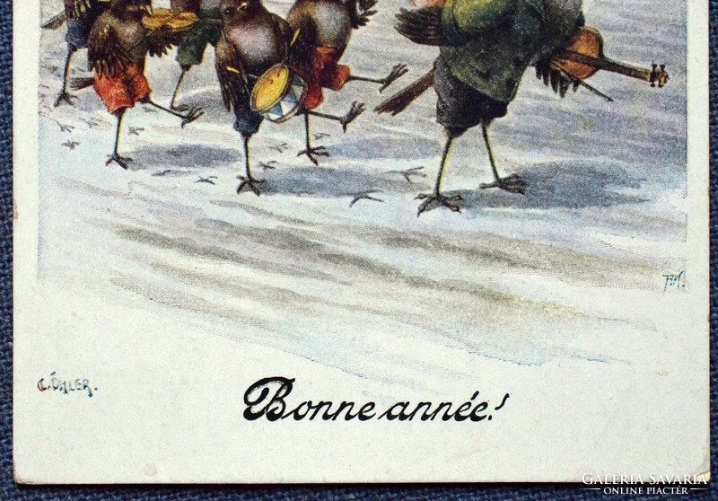 Antique c öhler New Year greeting litho artist postcard - bird orchestra from 1922