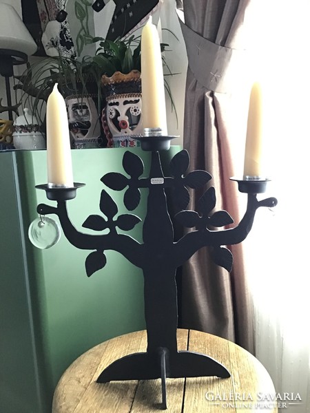 Old boda smide handmade Swedish wrought iron candle holder with glass ornaments