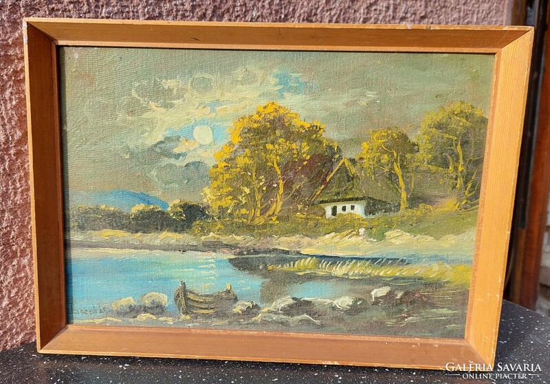Barabás oil-on-canvas painting, waterfront with a boat