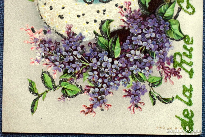 Antique glitter litho postcard - fairy blue flower in heart bird organ / with interesting advertisement