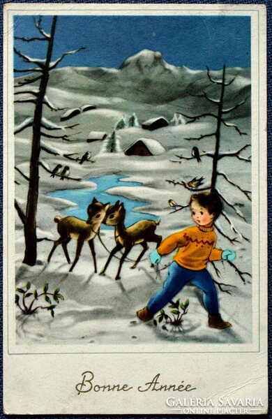 Retró  Újévi üdvözlő képeslap - téli táj őzike  kisgyerek