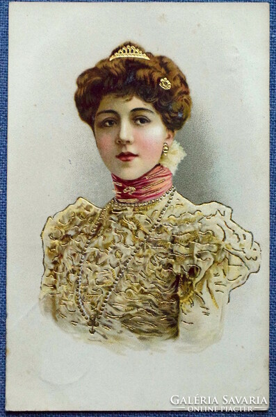 Antique gold pressed litho postcard - portrait of a beautiful lady with a diadem from 1906