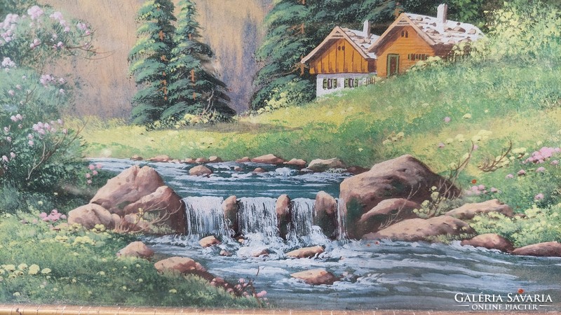 Landscape painting with stream, paper-tempera
