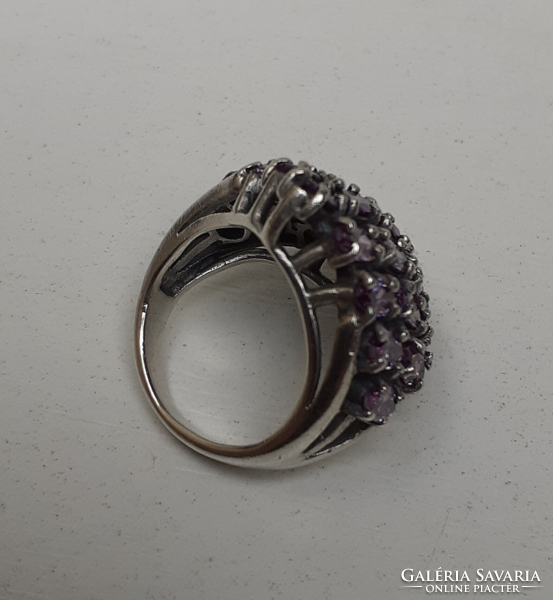 Hallmarked 925 Sterling Silver Big Head Ring Set With Many Set Polished Amethyst Stones