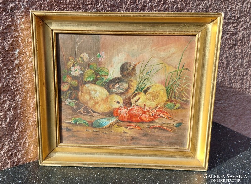 Signed oil on cardboard painting, birds feasting on lobster