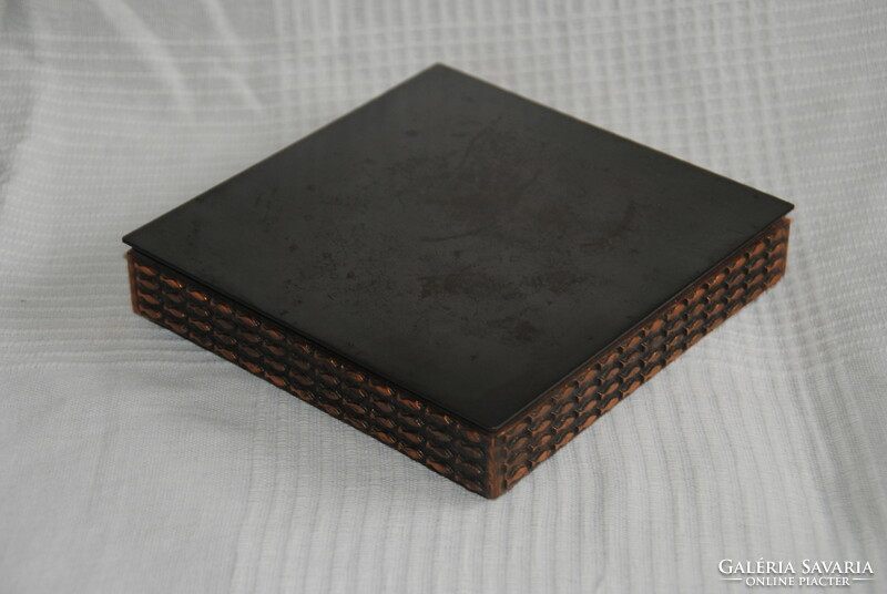 A large, rare, marked Kopcsanyi otto fish-patterned bronze box with wooden inlays