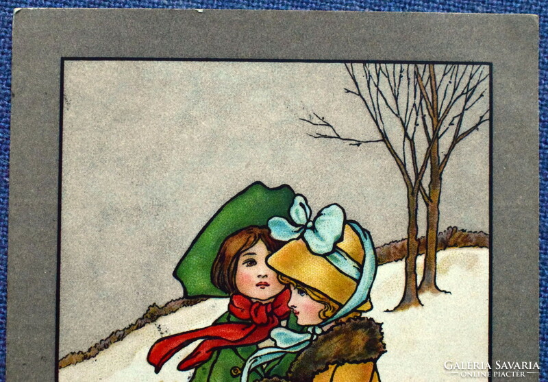 Antik MM Vienne /M Munk Újévi üdvözlő litho művész képeslap - gyerekek karácsonyfával téli táj 1915