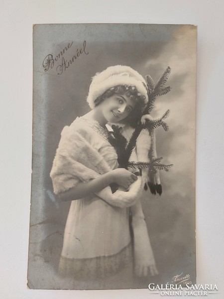 Old Christmas card photo postcard lady