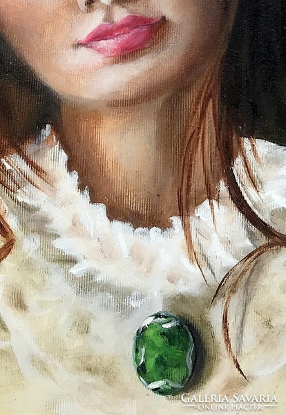 Emerald brooch - oil painting in antique frame 47 x 38 cm