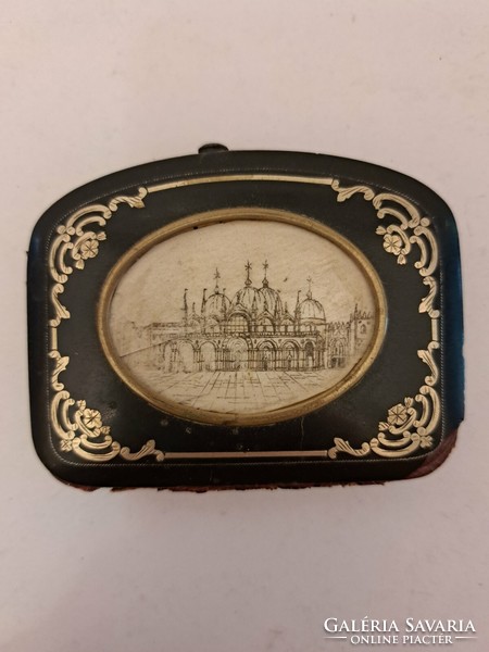 Antique wallet Venice St. Mark's square with ink painting on bone
