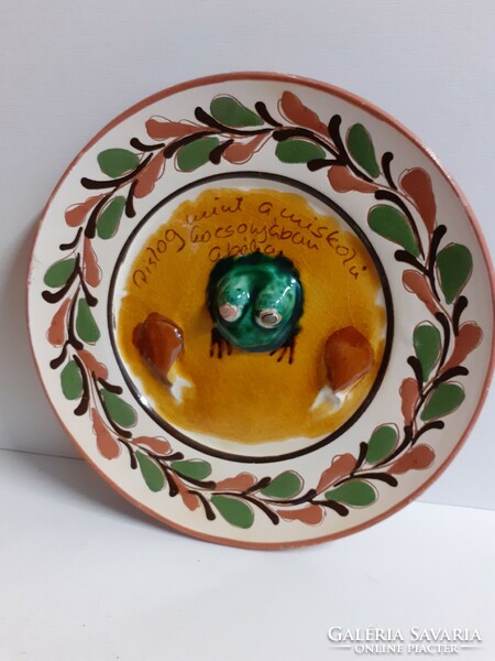 Old wall-hanging glazed painted frog plate from Mezőcsát