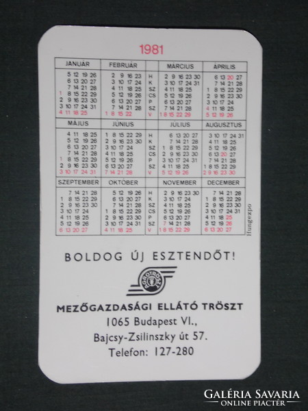 Card calendar, agroker agrotröszt Budapest, tz, t16 flatbed tractor working machine, 1981, (1)