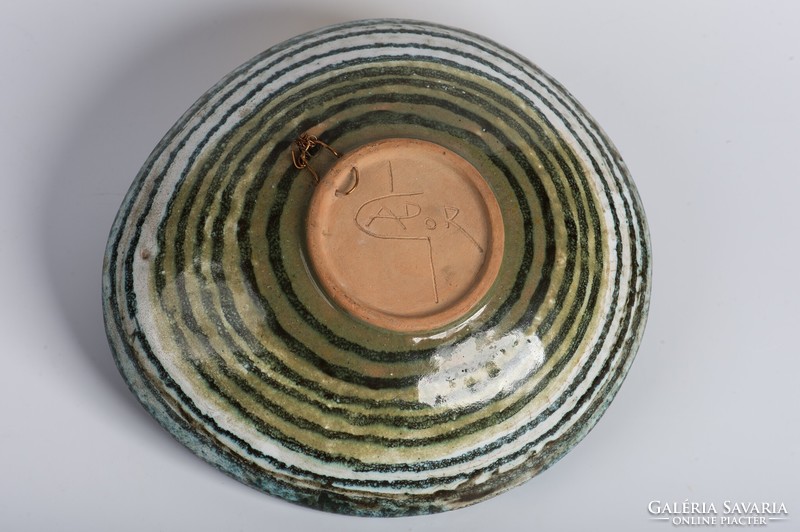 Glass-glazed ceramic bowl painted by István Gádor - decorative wall bowl