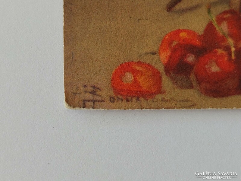 Régi képeslap művészeti levelezőlap csendélet cseresznye