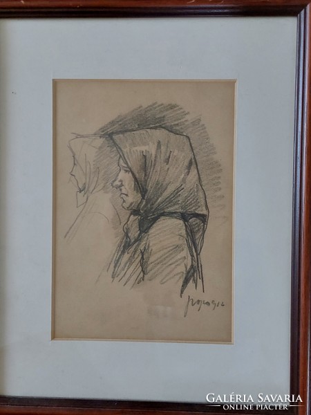 Sándor Szopos - peasant woman - pencil drawing framed, under glass - Transylvanian private collection