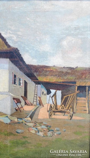Backyard. Signed, dated, old oil painting. 1920