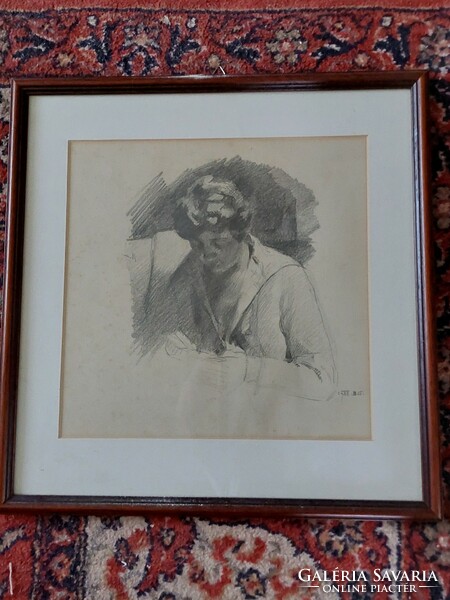 Sándor Szopos - sewing lady - study - pencil drawing framed, under glass