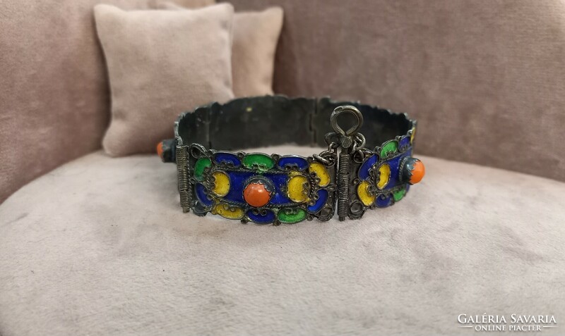 Antique silver fire enamel bracelet with corals