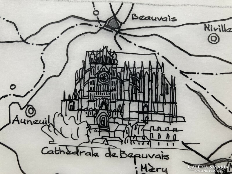 Franciaország középkori műemlékeinek egyedi tus grafikával készített térképe