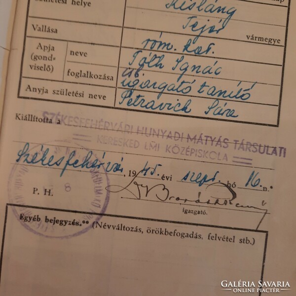 Székesfehérvár Mátyás Hunyadi cooperative commercial high school academic notice 1945 - 1949