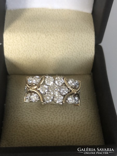 Női gyűrű , 14 karatos fehér és sarga arany, természetes szintelen gyémántokkal