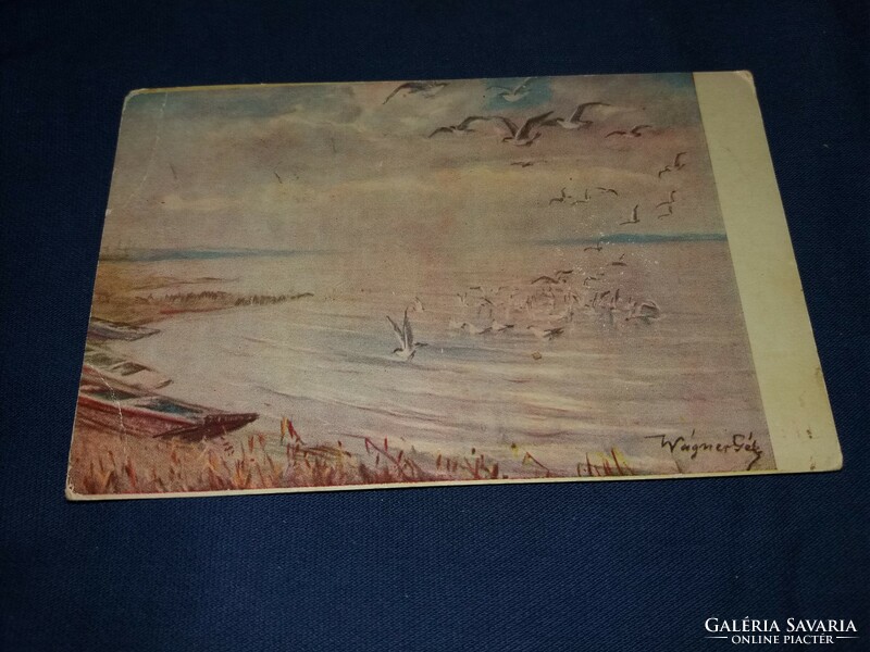 Antique seagulls on the Balaton after the painting by Géza Wagner landscape painting postcard according to the pictures