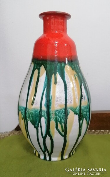 Csorgatott mázas retro iparművészeti kerámia váza