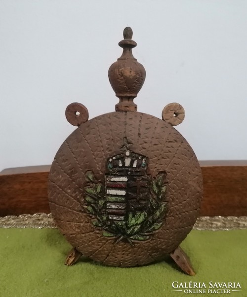Old wooden water bottle with Hungarian coat of arms, small size