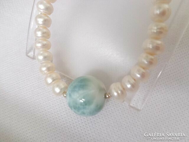 Larimar and cultured pearl necklace with silver fittings