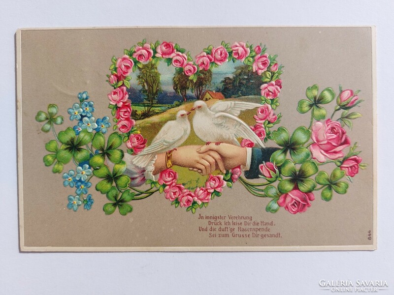 Old postcard embossed postcard doves rose clover