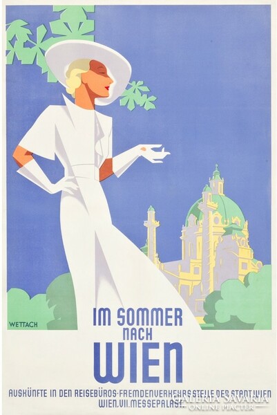 Vintage art deco osztrák utazási reklám plakát reprint nyomat Bécs 1930 nő fehér ruha kalap divat