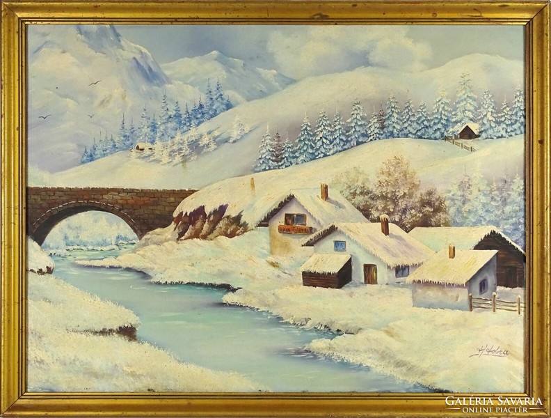 1P314 xx. Century painter: mountainous winter landscape with a bridge