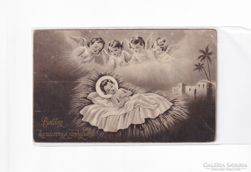 K:085 antique Christmas postcard black and white religious - the back is wet!