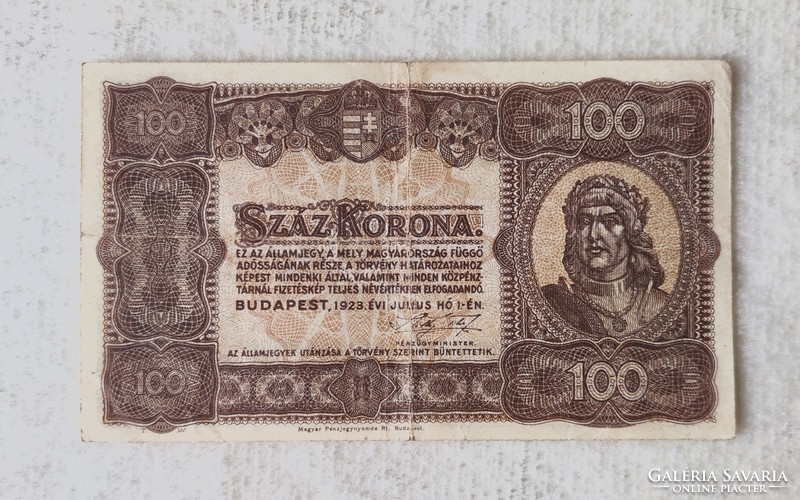 1923-as, kisméretű magyar 100 korona, Magyar Pénzjegynyomda (VF+) | 1 db bankjegy