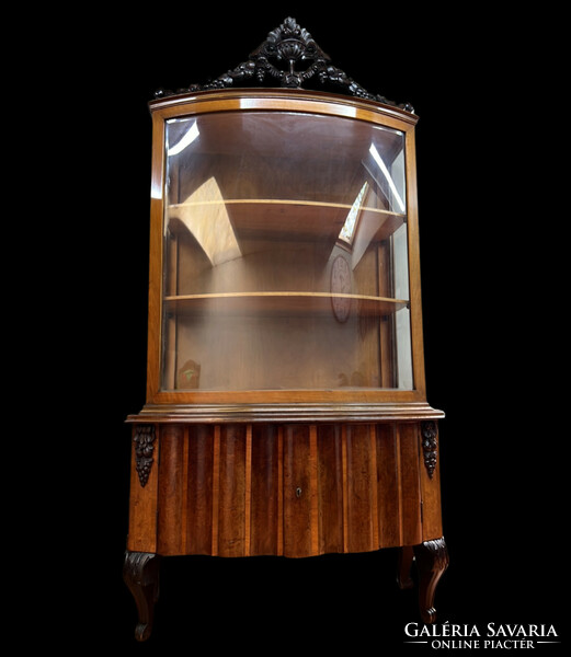 Impressive antique carved display case with frosted curved glass