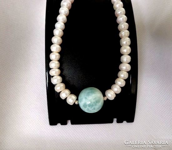Larimar and cultured pearl necklace with silver fittings