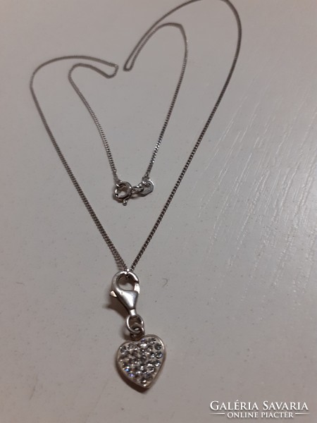 Marked silver necklace with marked silver detachable heart pendant studded with sparkling stones