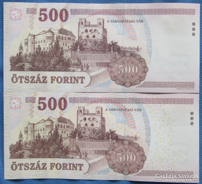 2 db 500-Ft bankjegy, 2007- 2008 , 2 db ötszázforintos  2007-2008,nemhajtott,